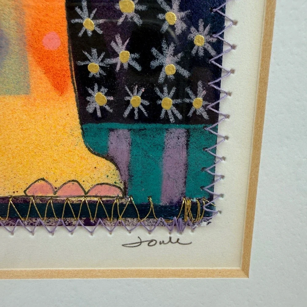 Terry McIlrath Joule Happy Cat Mixed Media‎ Painting Embroidery Gold Foil Framed